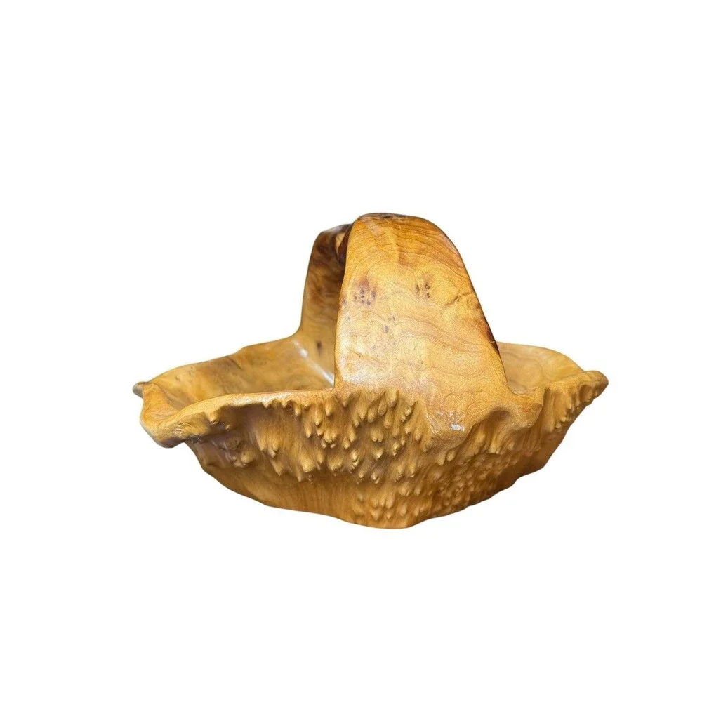 Hand Carved Burl Wood Tree Root Bowl Basket with Handle 13 in dia x 9 tall